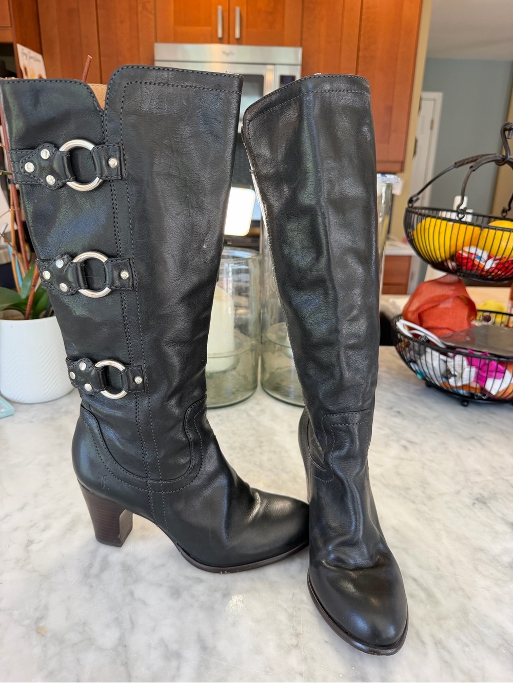 Frye Leather Black Fiona 3 Strap Heel Boots